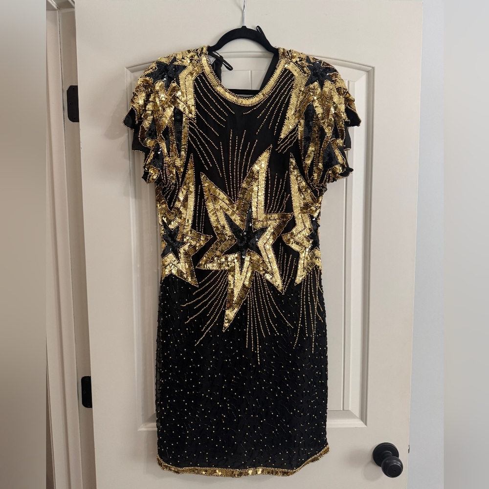 Stenay 100% Pure Silk Art Deco Style Beaded & Sequins Black/ Gold Vtg Dress - Picture 2 of 6